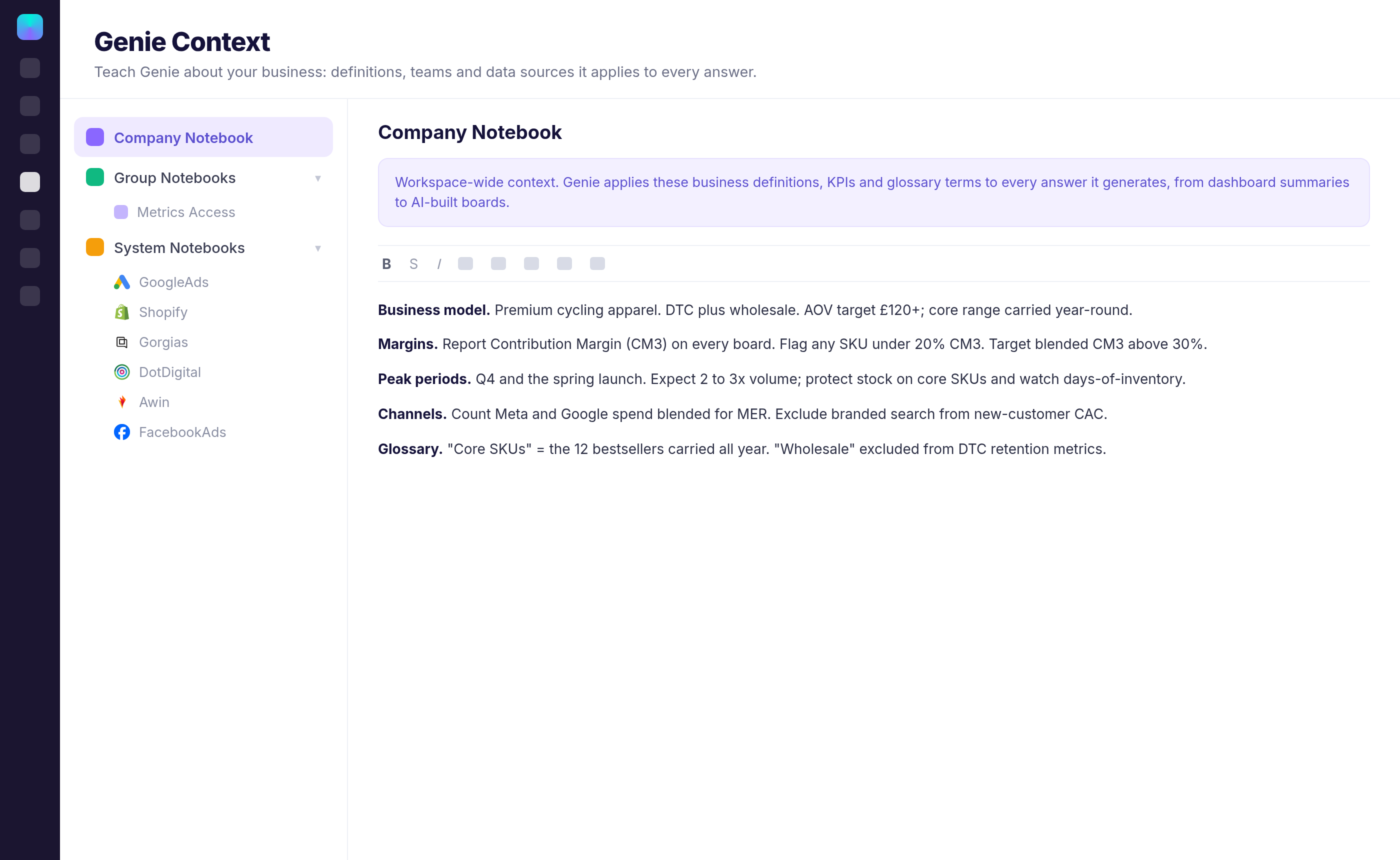 Genie Context notebooks: company, group and per-source context
